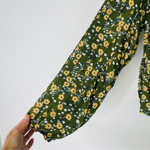 Easel green yellow white boho pleated babydoll cottagecore top medium - Picture 5 of 8